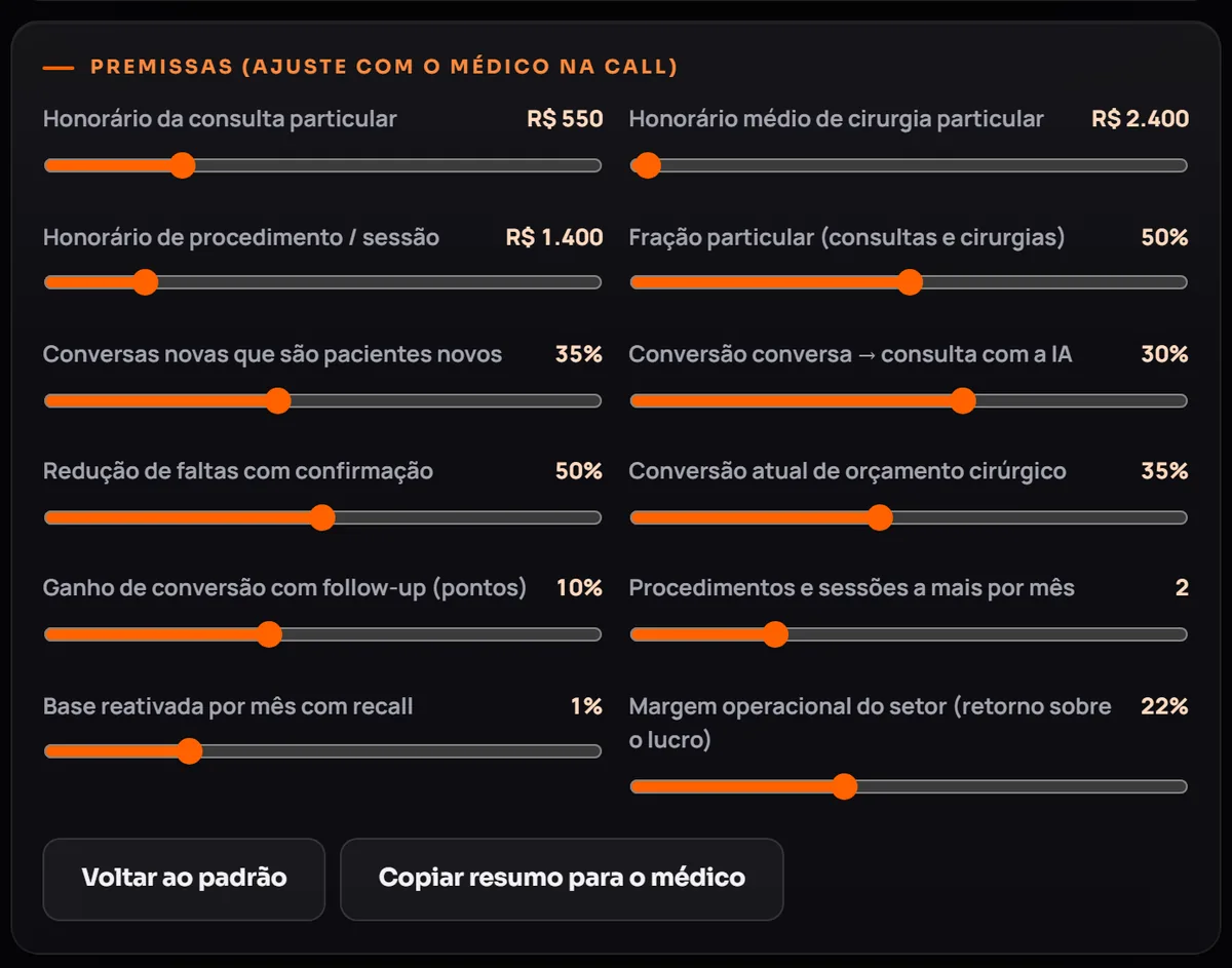 Resultados: As premissas ficam à vista e cada controle muda o cálculo durante a conversa.
